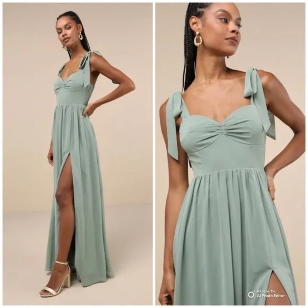 Lulus Radiant Charisma Sage Brush Chiffon Ruched Tie-Strap Maxi Dress 1X - Picture 1 of 6